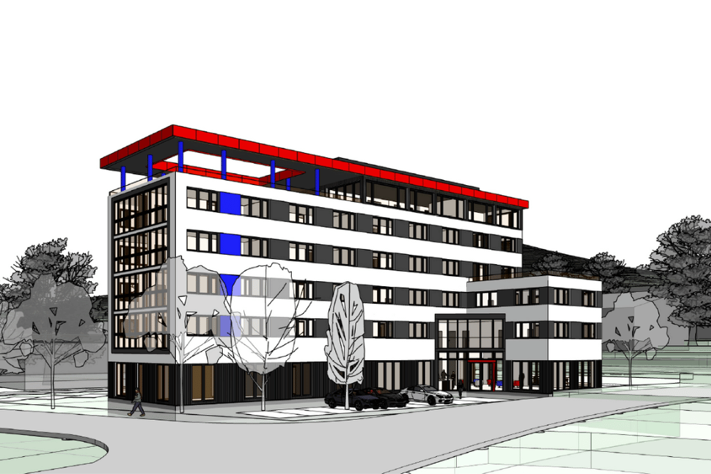 Planungsansicht des Erweiterungsbaus am Römerring 2 in Mosbach-Diedesheim. 