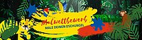 Bunt gestaltetes Banner für den Malwettbewerb 2026 mit Dschungelmotiven und Tieren wie Tiger und Papageien.