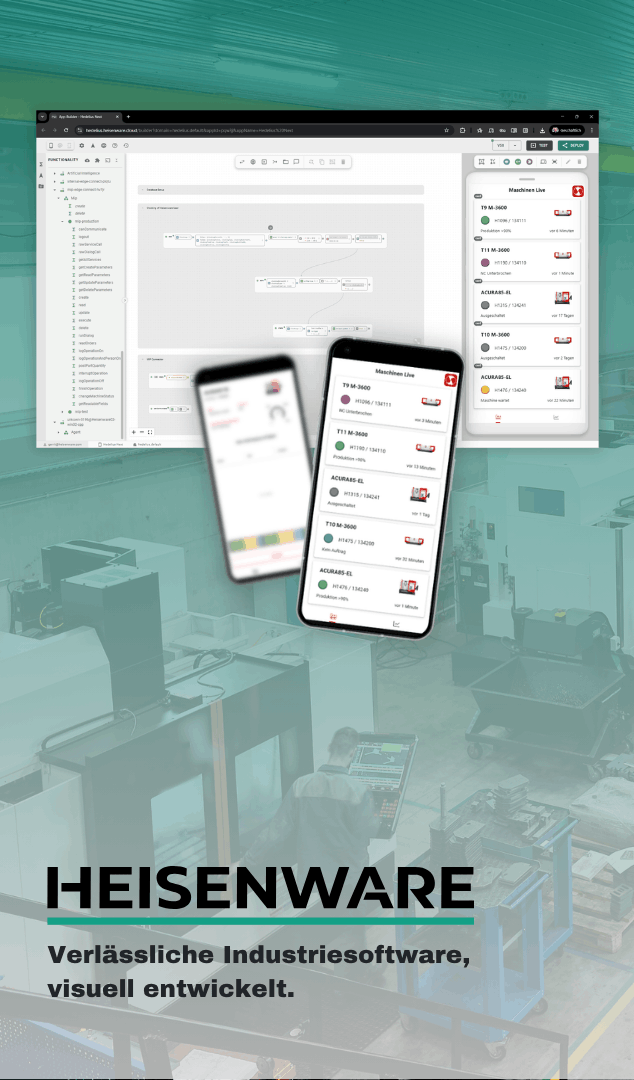 Screenshots vom Industrial App Builder auf dem Handy und dem Desktop