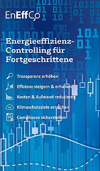 Grafik zum Thema „Energieeffizienz-Controlling für Fortgeschrittene“ mit fünf zentralen Zielsetzungen in blauer Farbgebung.